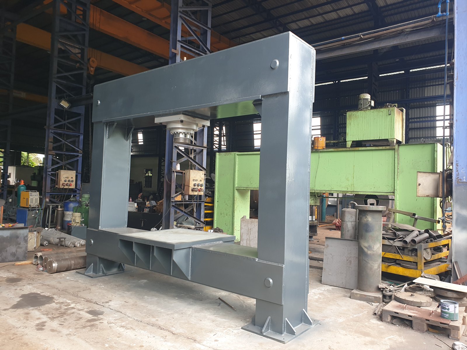 Large gantry-frame Dish End Press Machine under fabrication, Desire Hydraulics Pune