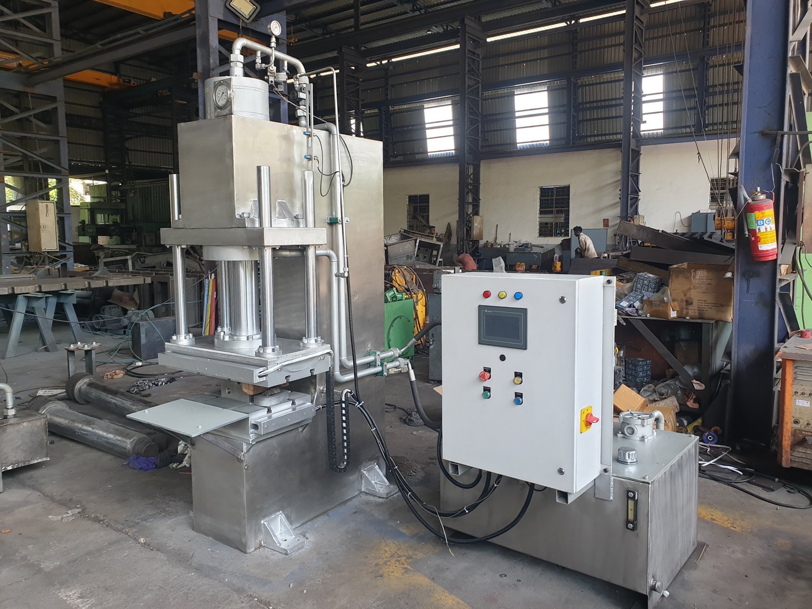 Stainless steel Four-Pillar Hydraulic Press with HMI touch panel, manufactured in Maharashtra