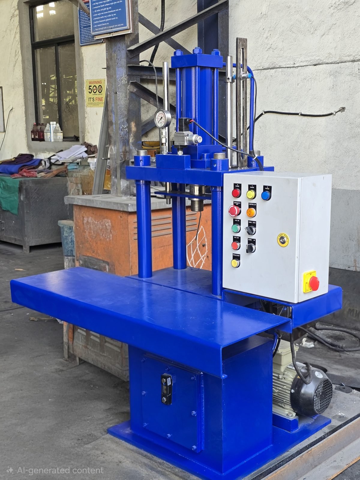 Blue Four-Pillar Hydraulic Press with control panel, manufactured in Pune, Maharashtra