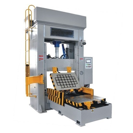 Die spotting press machine with hydraulic cylinder and tilting rotary table, H-Frame construction with safety ladder access