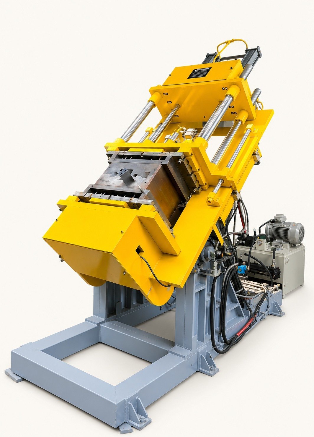 Gravity Die Casting (GDC) tilting machine engineering render showing hydraulic tilt cylinders and die clamping unit by Desire Hydraulics