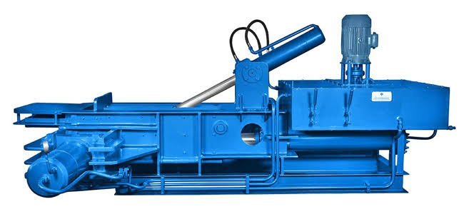 Side view of a horizontal hydraulic baler machine showing the hydraulic cylinder and drive motor, by Desire Hydraulics