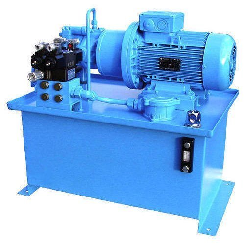 Blue hydraulic power pack unit with motor, pump and directional control valve, studio product shot by Desire Hydraulics
