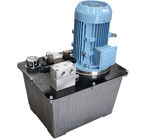 Compact hydraulic power pack with black powder-coated tank and directional control valve by Desire Hydraulics